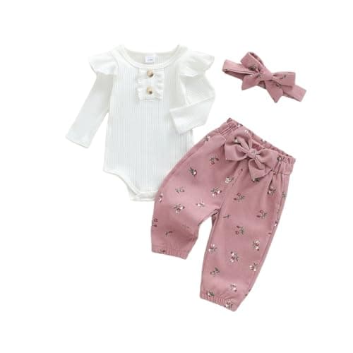 Image of JCOPLY Baby Girl Outfit Infant Spring Autumn Clothes Solid Color Long Sleeve Ribbed Knitted Romper Tops Floral Corduroy Trousers with Bow Headband (Pink, 9-12 Months)