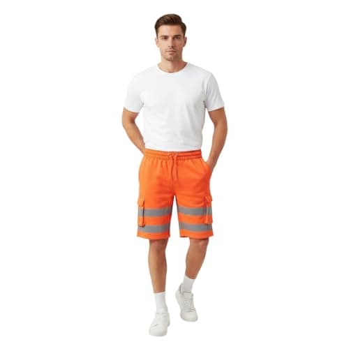 Image of LUXFAB Hi Vis Combat Shorts, 2 Side Pockets, 2 Thigh Cargo Pockets High Visibility HI VIS Fleece Shorts HIGH Visibility Reflective Tape Work Bottoms (UK, Alpha, XXL, Regular, Regular, Orange)