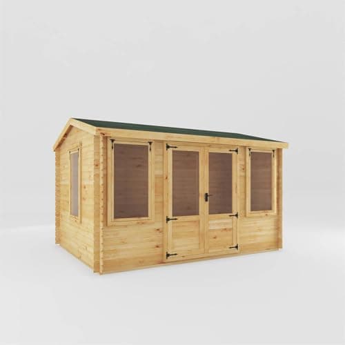 Image of WALTONS | Wooden 4m x 3m Log Cabin | 19mm Interlocking Log Boards | Garden Room | Reverse Apex Roof | Double Doors |