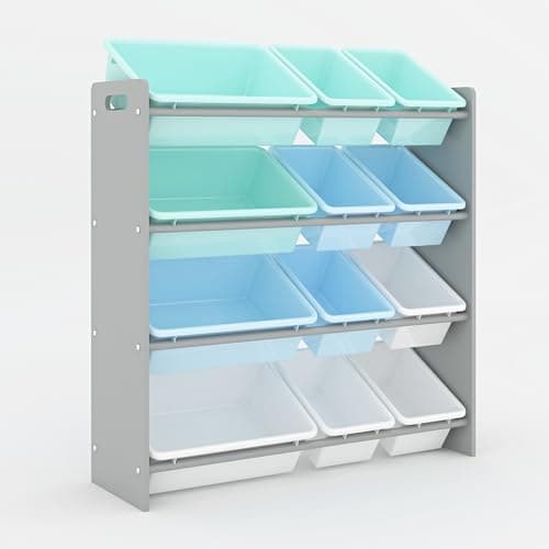 Image of Duffy® Kids Storage Unit Toy Box Organiser Bookshelf With Removable Baskets, for Bedroom, Nursery, Playroom (Grey Wood With Blue Bins)
