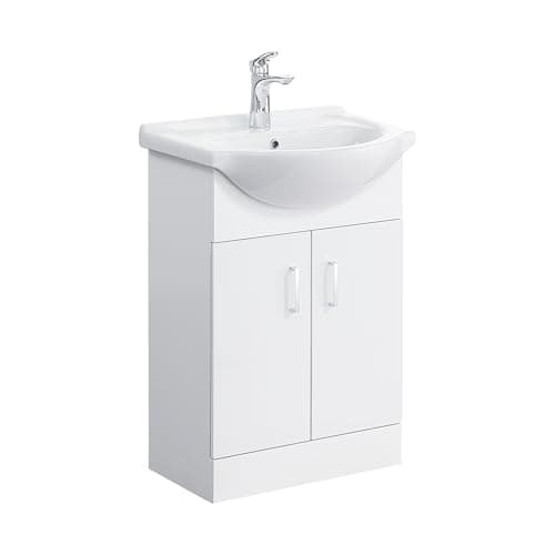 Image of iBathUK Quartz 550 Vanity Unit Furniture and Wash Basin Sink, Floor Standing, MDF Soft Close Doors Bathroom Storage Cabinet- Gloss White (Flat Pack)