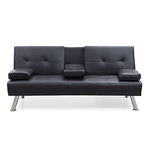 Image of ELEGANT Click Clack Sofa Bed with Cup Holders and Removable Armrests, Faux Leather 3 Seater Sofa Couch, Convertible Bed Settee for Living Room, Office and Guest Room, Black, 1820x830x880mm