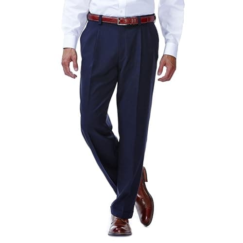 Image of Haggar mensHD00219Eclo Stria Gab Expandable Waist Pleat Front Dress Pant Dress Pants - Blue - 44W x 29L