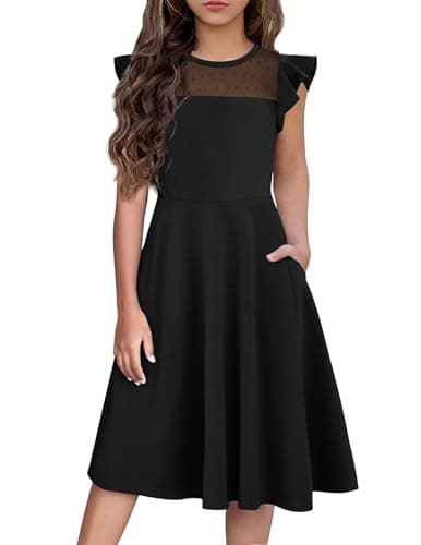 Image of Arshiner Girls Summer Dress Children Party Dresses Round Neck Short Sleeve Knee-Length Casual Dress Black 14-15T 165