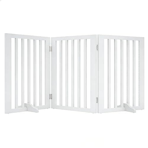 Image of GREENSAPPIRE Wooden Stair Gate for Dogs, Freestanding Foldable Dog Gate Indoor with 2 Support Feet, 3 Panel Pet Gate & Dog Guard for Stairs, Doorways and Hallways (140 W x 60.5 H) (White)