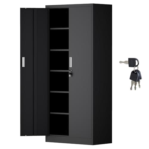 Image of iJINGUR Metal Storage Cupboard with Locking Doors and 5 Adjustable Shelves, Lockable Steel Storage Cabinet for Home Office Garage Kitchen Pantry (Black)