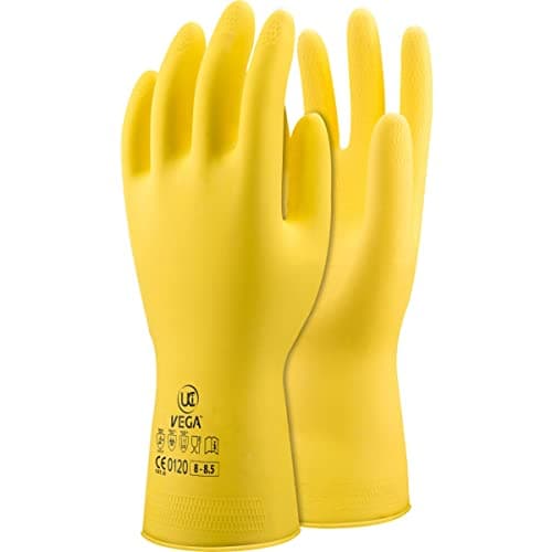 Image of 10 x UCi Vega™ 30cm Latex Gauntlet Lightweight Durable Embossed Powergrip™ Rubber Gloves - Yellow or Blue (10 / XL, Yellow)