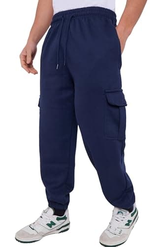 Image of Men's Cargo Fleece Joggers – 290GSM Heavyweight Fabric Trousers, Elastic Waist, Drawstring & Ribbed Cuffs – Soft Cotton Blend Casual Sweatpants with Side Cargo Pockets Bottoms (Navy Blue, Medium)