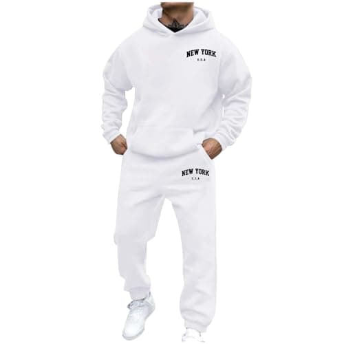 Image of Men's New York Tracksuit Set - Hoodie & Joggers Tracksuit Mens Full Set Gym Wear Outfit Jogging Sweatsuits for Men Gym Running Exercise Fitness Los Angeles 2 Piece Sport Bottoms and Sweatshirt White