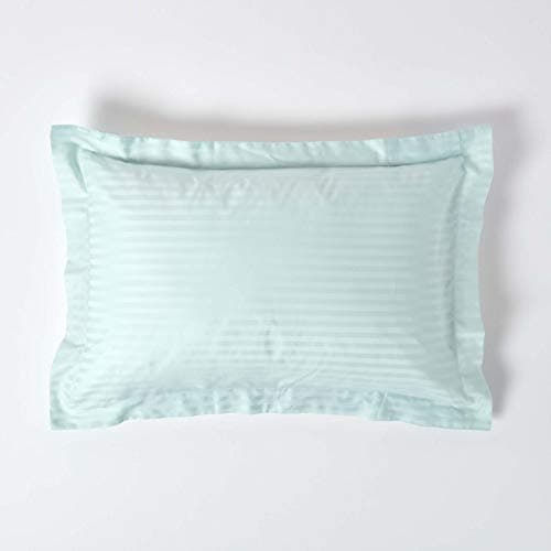 Image of HOMESCAPES Blue Pure Egyptian Cotton Oxford Pillowcase Standard Size 330 TC 500 Thread Count Percale Equivalent Satin Stripe Pillow Case