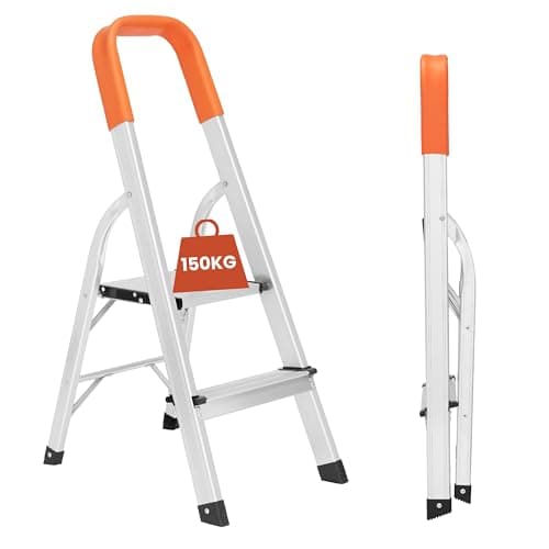 Image of Lightweight Small Step Ladder 2 step 34.65'' (88cm) High - Portable Aluminium Foldable Ladders with Safety Handrail Compact Functional Design for Home, Office & DIY Projects 150kg/330lbs Capacity