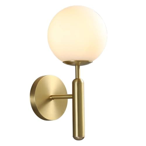 Image of Hudi Fyier Wall Sconces Milky Glass Globe Wall Lamp Brushed Brass Wall Light for Indoor Bedroom Bathroom Living Room Hallway, Modern Wall Mount Light Fixture for Bedside Living Room