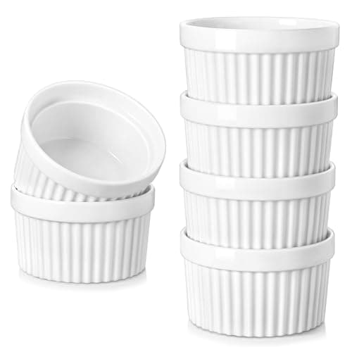 Image of vancasso 10 oz Ramekins, Souffle Dishes Set of 6, White Porcelain Creme Brulee Ramekins, Baking Cups for Pudding, Fruits, Dips, Dishwasher and Oven Safe