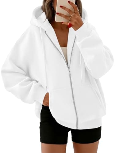 Image of Trendy Queen Womens Zip Up Hoodies Long Sleeve Sweatshirts Fall Outfits Oversized Sweaters Casual Fashion Jackets, White, Large