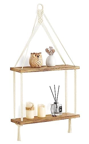 Image of Mkono Boho Wall Shelf 2 Tier Cotton Rope Handmade Macrame Wall Mounted Shelves Rustic Wooden Floating Shelves for Pictures Plants Hanging Storage Shelf for Living Room Bedroom