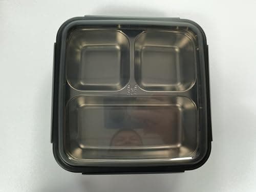 Image of Everusely - Premium Stainless Steel Lunch Tin - 1.1 L with Lid - Small Size Snack Container - 3 Bento Compartments for Food Meal Prep - Reusable Storage - Leakproof Metal Take Away Tiffin
