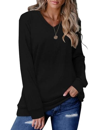 Image of KISSMODA Womens Sweatshirts Long Sleeve V Neck Pullover Casual Loose Trendy Tunic Tops Fall Jumpers Shirts Black