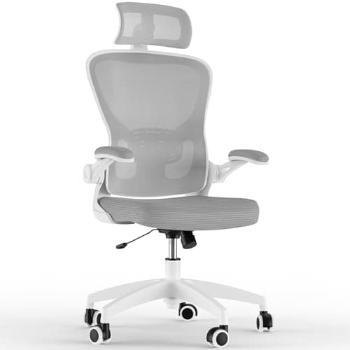 Image of Feonase Ergonomic Office Chair with Adjustable Headrest and Lumbar Support, Mesh Back, Flip-up Armrests and Rocking Function – Swivel Desk Chair for Home Office, Study, Gaming, Grey/White