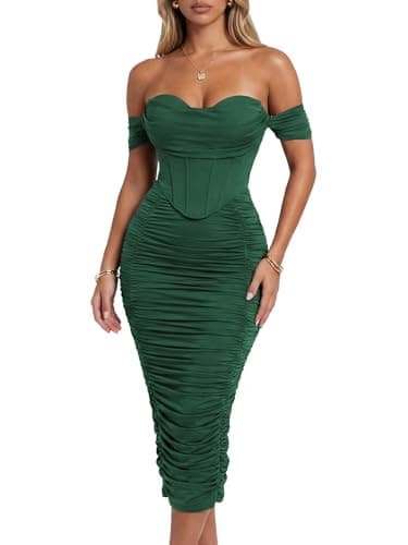 Image of CurvySweet Women's Off The Shoulder Midi Dress Built-in Bra Ruched Corset Bodycon Formal Night Out Cocktail Party Dresses Dark Green