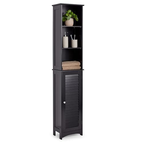 Image of VonHaus Tall Bathroom Cabinet – Freestanding Storage Cupboard – Slimline Tallboy Unit with 6 Shelves and 1 Door – Wooden Shutter Style Furniture for Bathroom, Bedroom, Kitchen, Hallway (Black)