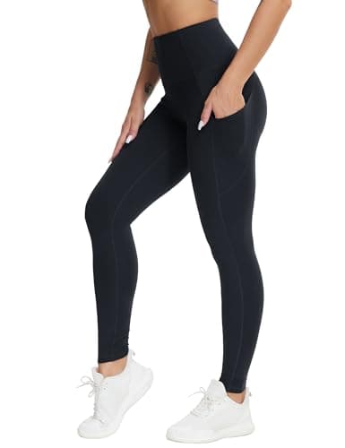 Image of THE GYM PEOPLE Women's High Waist Gym Leggings with Pockets Stretchy Tummy Control Yoga Pants for Ladies Sports Running Black
