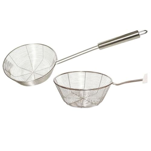 Image of MSQUARE Stainless Steel Deep Fry Skimmer with Long Handle, Wire Mesh Strainer Ladle, Non-Slip Grip, Heavy Duty Oil Strainer Spoon for Frying, Cooking & Kitchen Use (20 CM)