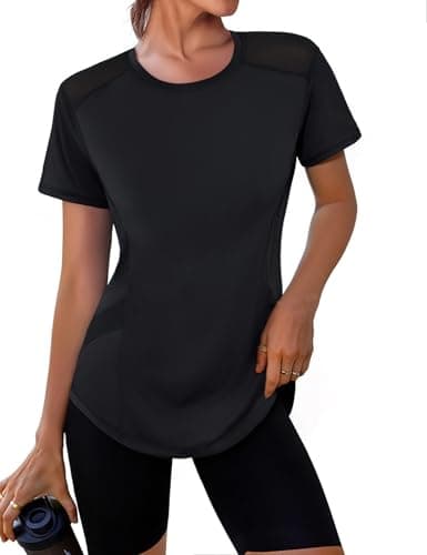 Image of Gyabnw Gym Clothes for Women UK Yoga Running Tops Mesh Sports Tshirt Tennis Pilates Activewear Black