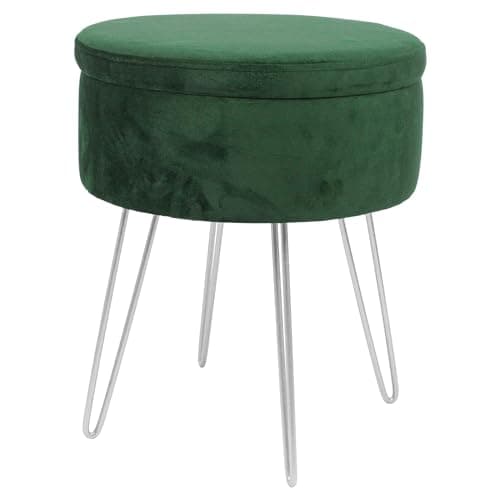 Image of Harbour Housewares Velvet Round Foot Stool with Storage - Green with Silver Legs - Modern Dressing Table Pouffe Footstool Vanity Seats Vanity Chairs Footstools for Living Room, Bedroom