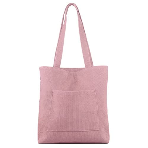 Image of Kememo Corduroy Tote Bag with Zip, Shoulder Bag Women's Hobos Handbags Large Capacity Shopping Bag with Inner Pocket, Pink