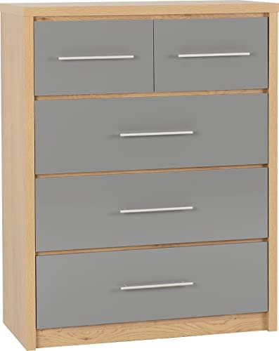 Image of Seconique Seville 3+2 Drawer Chest in Grey Gloss/Light Oak Effect Veneer