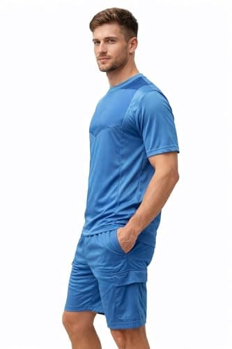 Image of Men’s Tracksuit Set Short Sleeve Crew Neck T Shirt and Shorts – Lightweight Gym Running Training Sports Two Piece Activewear Outfit for Summer (UK, Alpha, L, Regular, Regular, Blue)