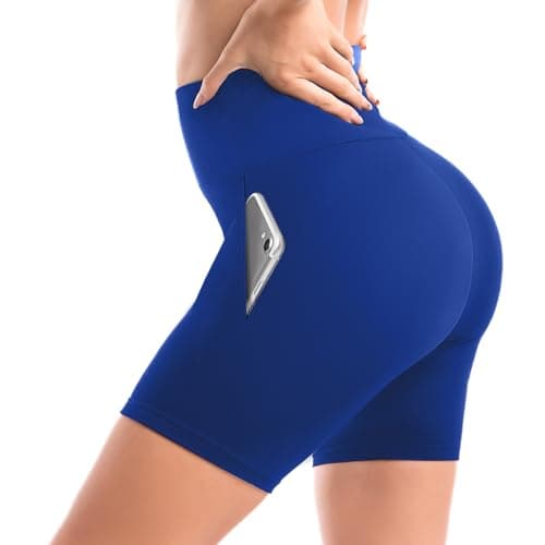 Image of Leafigure Leggings with Pockets Women Gym Shorts for Women， High Waisted Opaque Womens Cycling Shorts for Sport Yoga Gym Sapphire Blue SM