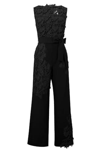 Image of CHIC STAR Womens Lace Jumpsuit, Floral Applique Overlay, Wide-leg Pants, Waist Tie, Scalloped Neckline, Black, M