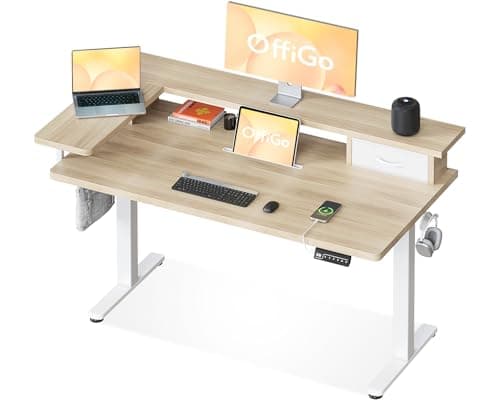 Image of OffiGo Standing Desk with Drawers, 120cm Height Adjustable Desk, Electric Standing Desk with Monitor Stand, Sit Stand Desk with USB Port, Ergonomic Computer Table for Home Office, Beige