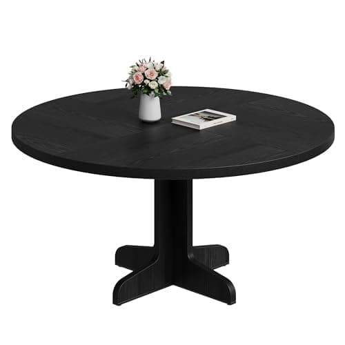 Image of 47.2 Inch Round Dining Table for 4-6 People, Engineered Wood Tabletop with Sturdy Wooden Base, Adjustable Feet for Stability, Kitchen Dining Table for Dining Room, Kitchen, Living Room, Black