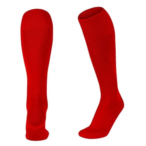 Image of ShopMCR Unisex Football, Rugby, Hockey Sports Knee High Long Socks, Kids, Adults, juniors Knee High Football Socks Outdoor game Soccer Socks (3-6, Red)