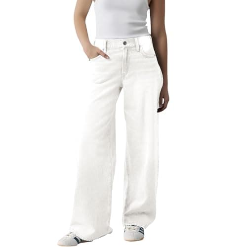 Image of Ladies Jeans Size 14 Wide Leg High Waisted Stretch Boyfriend Jeans Plus Size Pull On Long Trousers 90s Vintage Hip Hop Loose Denim Pants with Pockets Summer Spring Casual Y2K Streetwear