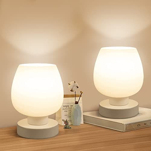 Image of ONEWISH Touch Bedside Table Lamp Set of 2 - Small Modern, 3-Way Dimable Desk lamp with White Opal Glass Lamp Shade, 3000K LED Bulb, Simple Design Home Décor for Bedroom Living Room Nightstand