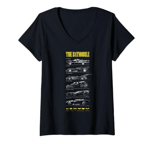 Image of Womens Batman 85th Anniversary Batmobile on Dark, Amazon Exclusive V-Neck T-Shirt
