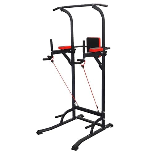 Image of Adjustable Power Tower Station, Pull Up Bar Dip Station, Multi-Functional Strength Training Equipment, 500kg Capacity, Height Adjustable 178.5-214.5cm, Black and Red