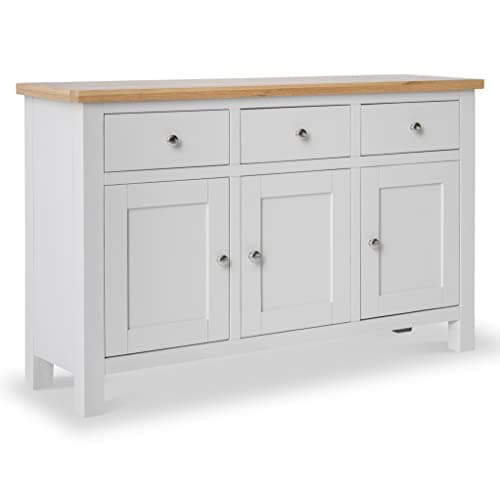Image of RoselandFurniture Farro Grey Sideboard for Living Room Large Storage Cabinet with Oak Top | Fully Assembled Painted 3 Door Solid Wooden Cupboard with 3 Drawers for Hallway or Dining Room