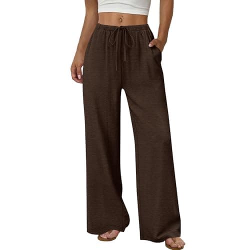 Image of Linen Trousers Womens Cotton Linen Drawstring Wide Leg Trousers with Pockets Ladies Summer Casual Breathable High Waisted Elasticated Joggers Lightweight Comfy Lounge Bottoms Coffee