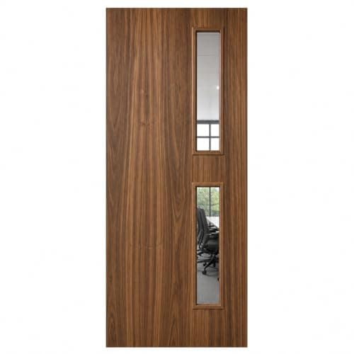 Image of PREMDOR Internal Fire Door FD30, Glazed Door with Clear Glass 2L16G, Pre Finished Flush Walnut Veneer Office Style with 2 Side Clear Toughened Glass 33x78 inches with 44mm Thickness, 838x1981x44