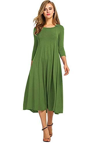 Image of Colop Womens Ladies Plain Jersey Swing Dress Casual Long Sleeve Midi Dress Skater UK Size (Khaki, 12-14)