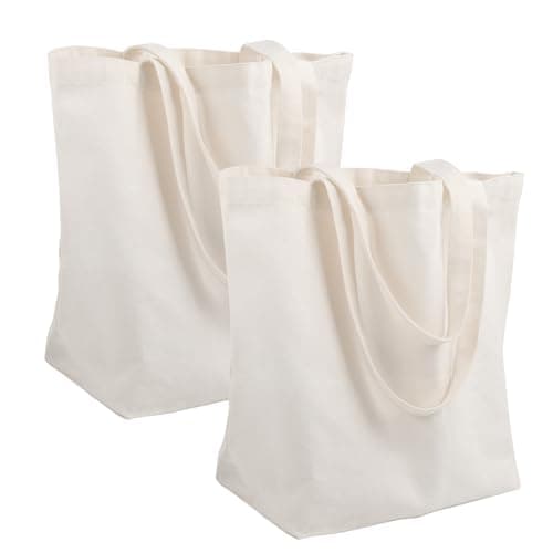 Image of Fourindo 2-Pack Natural Beige Reusable Canvas Tote Bags, 45x35x15cm 100% Cotton Eco-Friendly Shopping Bags with Long Handles for Grocery, Travel & DIY