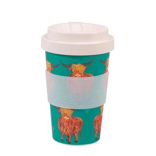 Image of ECO CHIC Recycled Travel Coffee Cup 400ml Microwave Dishwasher Safe Plastic Travel Mug (Highland Cow Teal)