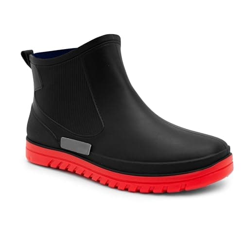 Image of Mens Ankle Wellies Boots Short Slip On Waterproof Garden Chelsea Rain Boot Snow Farm Gardening Outdoor Festival Wellingtons (Black/Red, 9, UK Footwear Size System, Adult, Men, Numeric, Medium, 9)