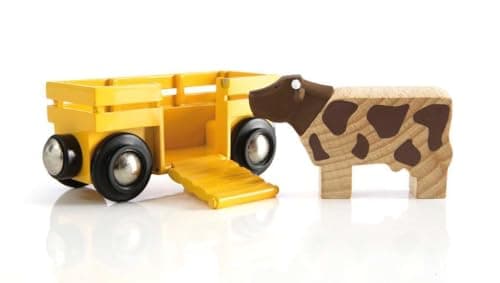 Image of BRIO World Farm Cow & Wagon Train for Kids Age 3 Years Up - Wooden Railway Accessories and Add Ons