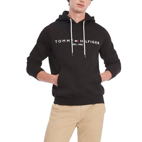 Image of Tommy Hilfiger Men's Medium Weight Fleece Hoodie Sweatshirt with Embroidered Logo, Also Available in Big & Tall Hooded, Black, M