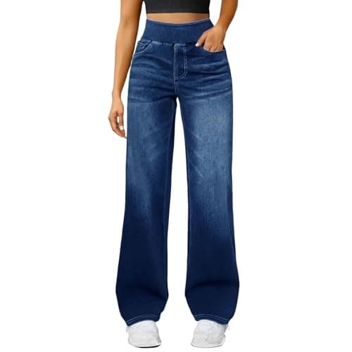 Image of Wide Leg Jeans for Women UK,High Waisted Pull On Stretch Comfy Palazzo Trousers Casual Denim Pants with Pockets for Everyday Wear,Stretch Jeans for Women